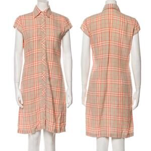 Burberry London Linen Plaid Knee-Length Shirt Dress Orange/Gray Women's Size XL